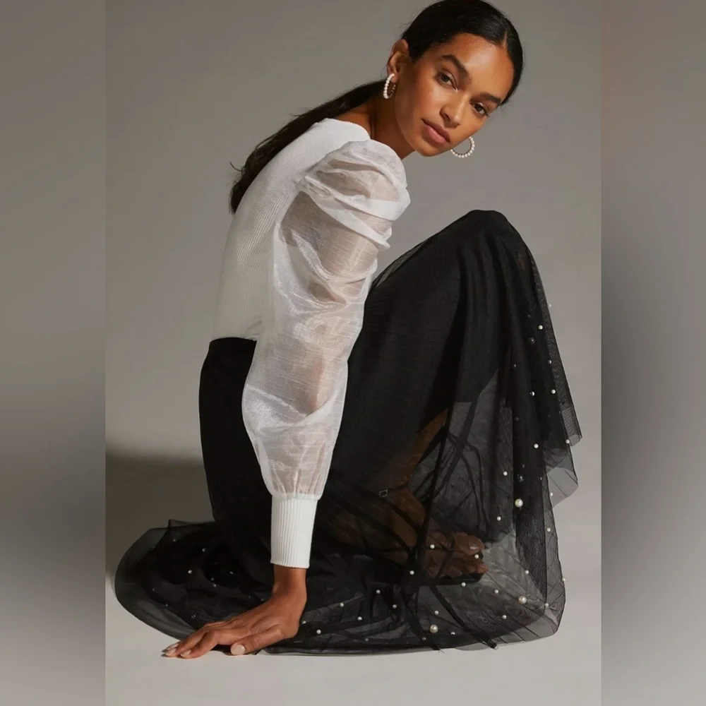 Anthropologie Dolan Elegant Feminine White Puff Organza Sleeve Top